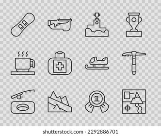 Set line Winter fishing, Folded map, Award winner podium, Mountain descent, Snowboard, First aid kit, Medal and Ice axe icon. Vector