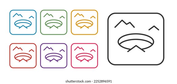 Set line Winter fishing icon isolated on white background. Round ice frame. Hole in ice. Set icons colorful. Vector