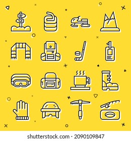 Set line Winter fishing, Waterproof rubber boot, Identification badge, Snowmobile, Hiking backpack, scarf, Road traffic signpost and Ice hockey stick and puck icon. Vector