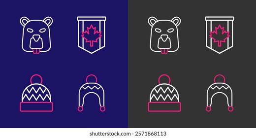 Set line Winter hat, Beanie, Pennant flag of Canada and Beaver animal icon. Vector