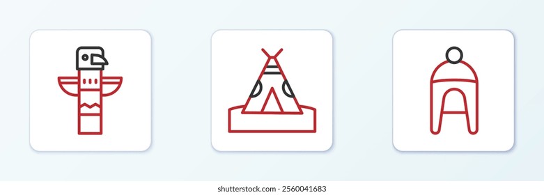 Set line Winter hat, Canadian totem pole and Indian teepee or wigwam icon. Vector