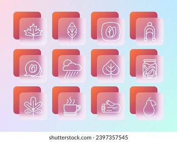Set line Winter hat, Coffee cup, Leaf, Wooden log, Cloud with rain and sun, Canadian maple leaf and  icon. Vector
