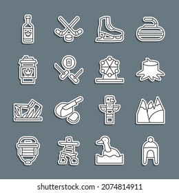 Set line Winter hat, Mountains, Tree stump, Skates, Curling sport game, Coffee cup to go, Beer bottle and Ferris wheel icon. Vector