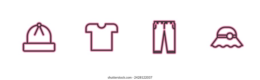 Sombrero de invierno, pantalones, camiseta y elegante icono de las mujeres. Vector