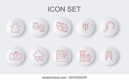 Set line Winter hat, Pumpkin, Socks, Tractor, Ghost, Christmas mitten, Cloud with rain and Herbarium icon. Vector