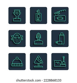 Set line Winter hat, Road sign avalanches, Shovel snowdrift, fishing, athlete, Hockey mask, Award cup and Thermos container icon. Vector