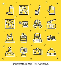 Set line Winter hat, Snowmobile, fishing, Ice hockey stick and puck, Rescue helicopter, Route location, Thermos container and Medal icon. Vector