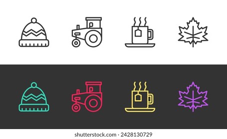 Set line Winter hat, Tractor, Cup of tea with tea bag and Leaf leaves on black and white. Vector
