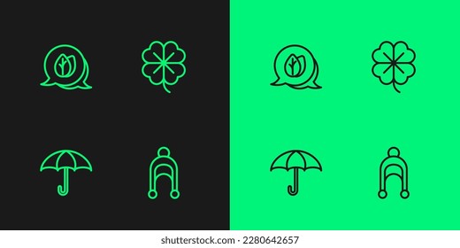 Set line Winter hat, Umbrella, Leaf and Four leaf clover icon. Vector