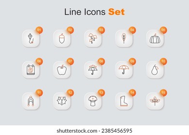 Set line Winter hat, Waterproof rubber boot, Mushroom, Chestnut, Leaf, Pear, Umbrella and and rain drops icon. Vector