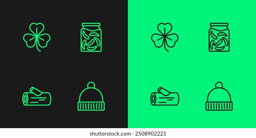 Set line Winter hat, Wooden log, Clover and Pickled cucumbers jar icon. Vector