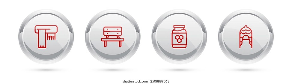 Set line Winter scarf, Bench, Jar of honey and hat. Silver circle button. Vector