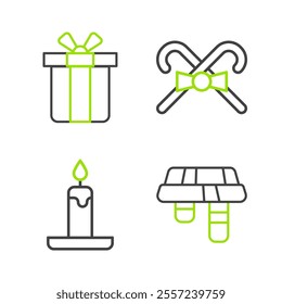 Set line Winter scarf, Burning candle, Christmas candy cane and Gift box icon. Vector