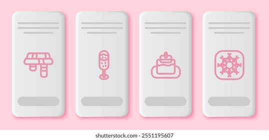 Set line Winter scarf, Glass of champagne, Cake and Snowflake. White rectangle button. Vector