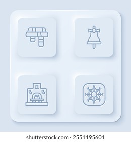 Set line Winter scarf, Merry Christmas ringing bell, Interior fireplace and Snowflake. White square button. Vector