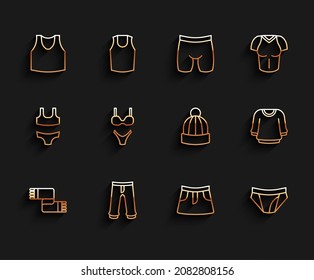 Set line Winter scarf, Pants, Undershirt, Skirt, Men underpants, Swimsuit, Sweater and hat icon. Vector