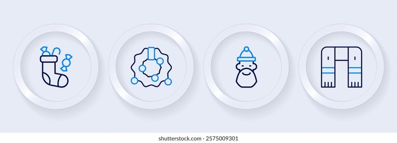 Set line Winter scarf, Santa Claus hat and beard, Christmas wreath and stocking icon. Vector