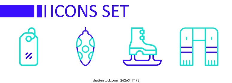 Set line Winter scarf, Skates, Christmas toy and Discount percent tag icon. Vector