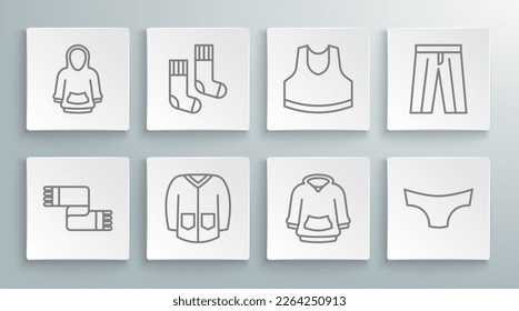 Set line Winter scarf, Socks, Sweater, Hoodie, Men underpants, Undershirt, Pants and  icon. Vector