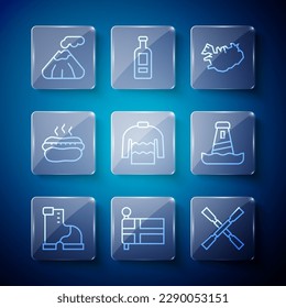 Set line Winter warm boot, Flag of Iceland, Oars or paddles boat, Map, Sweater, Hotdog sandwich, Volcano and Lighthouse icon. Vector