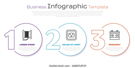 Set line Wire electric cable on a reel or drum, Electrical outlet in the USA and Car battery. Business infographic template. Vector