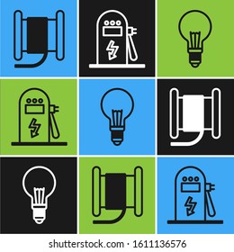Set line Wire electric cable on a reel or drum, Light bulb with concept of idea and Electric car charging station icon. Vector