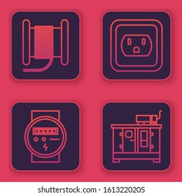 Set line Wire electric cable on a reel or drum, Electric meter, Electrical outlet in the USA and Diesel power generator. Blue square button. Vector