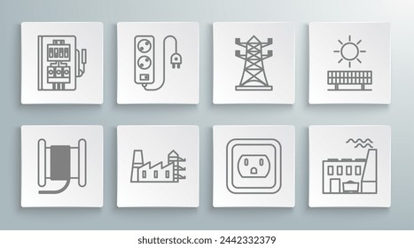 Set line Wire electric cable on a reel or drum, Power station plant and factory, Electrical outlet in the USA, Coal power, High voltage pole line, Solar energy panel sun and  icon. Vector