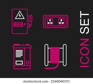 Set line Wire electric cable on a reel or drum, Car battery, Electrical outlet and panel icon. Vector