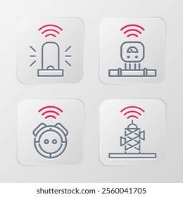 Set line Wireless antenna, Robot vacuum cleaner, Smart sensor and flasher siren icon. Vector