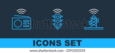Set line Wireless antenna, Smart radio and traffic light icon. Vector