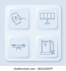 Set line Wireless charger, Solar energy panel, Drone flying and 3D printer. White square button. Vector