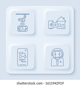 Set line Wireless Controlling CCTV security camera, Smart home, Algorithm and Worker robot. White square button. Vector