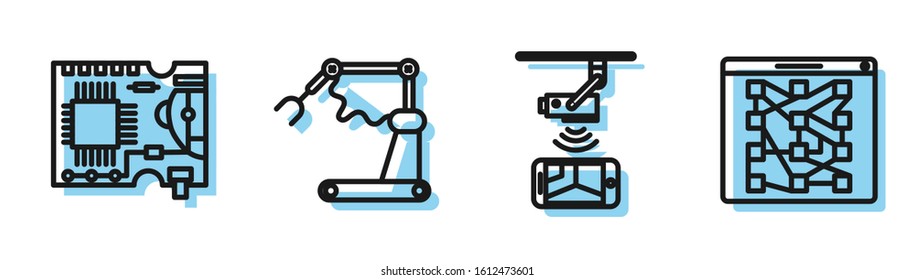 Set line Wireless Controlling CCTV security camera, Printed circuit board PCB, Industrial machine robotic robot arm hand factory and Global technology or social network icon. Vector