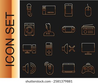 Set line Wireless gamepad, Computer monitor screen, Radio with antenna, Smartphone, mobile phone, Joystick for arcade machine, Washer, Microphone and Portable video console icon. Vector