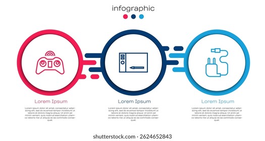 Set line Wireless gamepad, Graphic tablet and Charger. Business infographic template. Vector