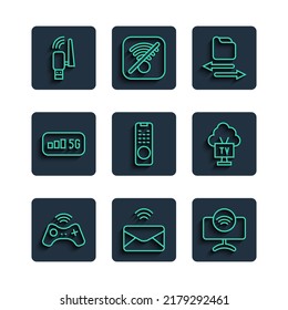 Fijar línea Gamepad inalámbrico, correo y correo electrónico, sistema de televisión inteligente, archivos de transferencia, control remoto, Internet inalámbrico 5G, adaptador Usb e icono. Vector