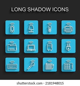 Set line Wireless keyboard, microphone, smartphone, Smart heating radiator, tablet, laptop, electric plug and refrigerator icon. Vector