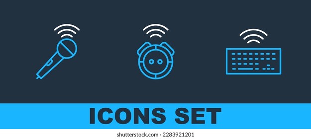 Set line Wireless keyboard, microphone and Robot vacuum cleaner icon. Vector
