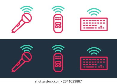 Stellen Sie die Zeile Wireless-Tastatur, Mikrofon und Smart-Remote-Steuerung Symbol ein. Vektorgrafik