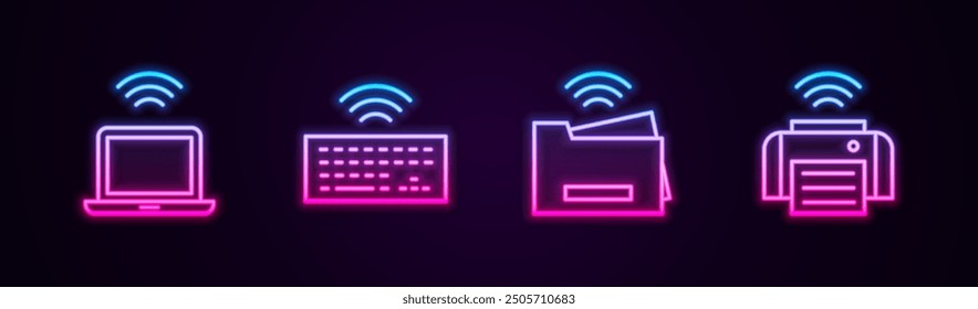 Set line Wireless laptop, keyboard, Smart printer and . Glowing neon icon. Vector