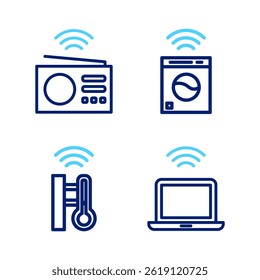 Set line Wireless Laptop, Smart Thermometer, Waschmaschine und Radio-Symbol. Vektorgrafik