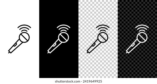Fijar línea Icono de micrófono inalámbrico aislado en fondo blanco y negro. En el micrófono del micrófono del radio de aire. Firma del altavoz.  Vector