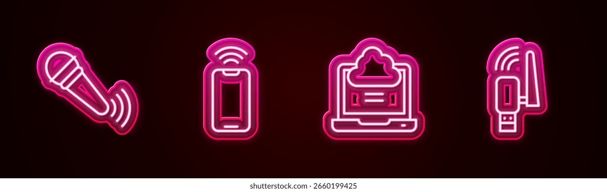 Definir linha Microfone sem fio, Móvel com wi-fi sem fio, Conexão em nuvem de rede e adaptador USB. Ícone de néon brilhante. Vetor