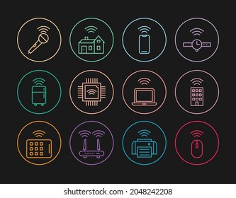 Set line Wireless mouse, Smart home with wireless, smartphone, Processor microcircuits CPU, refrigerator, microphone, laptop and  icon. Vector