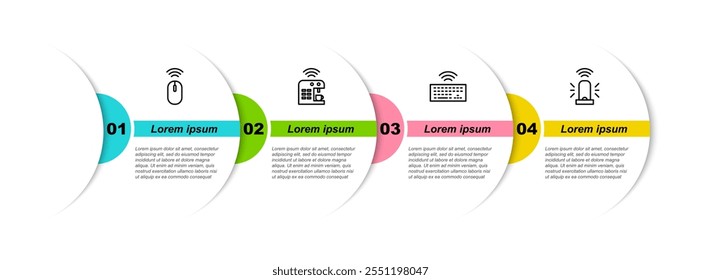 Set line Wireless mouse, Smart coffee machine, keyboard and flasher siren. Business infographic template. Vector