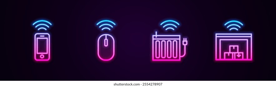 Set line Wireless smartphone, mouse, Smart heating radiator and warehouse. Glowing neon icon. Vector