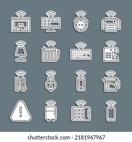 Set line Wireless smartphone, Smart electric kettle, coffee machine, Robot vacuum cleaner, heating radiator, table lamp, warehouse and keyboard icon. Vector