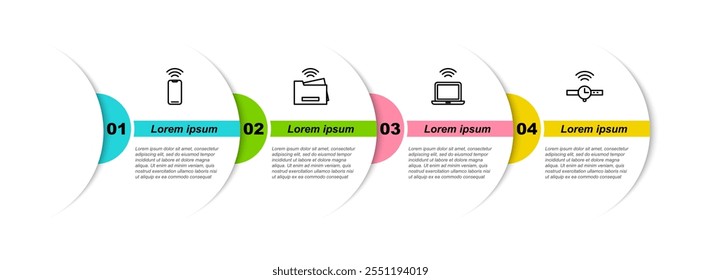 Definir linha Smartphone sem fio, impressora inteligente, laptop e Smartwatch. Modelo de infográfico comercial. Vetor