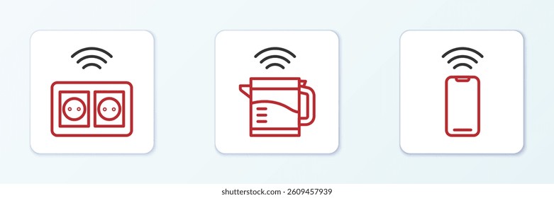 Set line Wireless smartphone, Smart electrical outlet and kettle icon. Vector